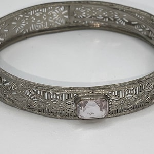 Antique Art Deco Filigree Silver-tone Bracelet Gemstone or Glass Centerpiece