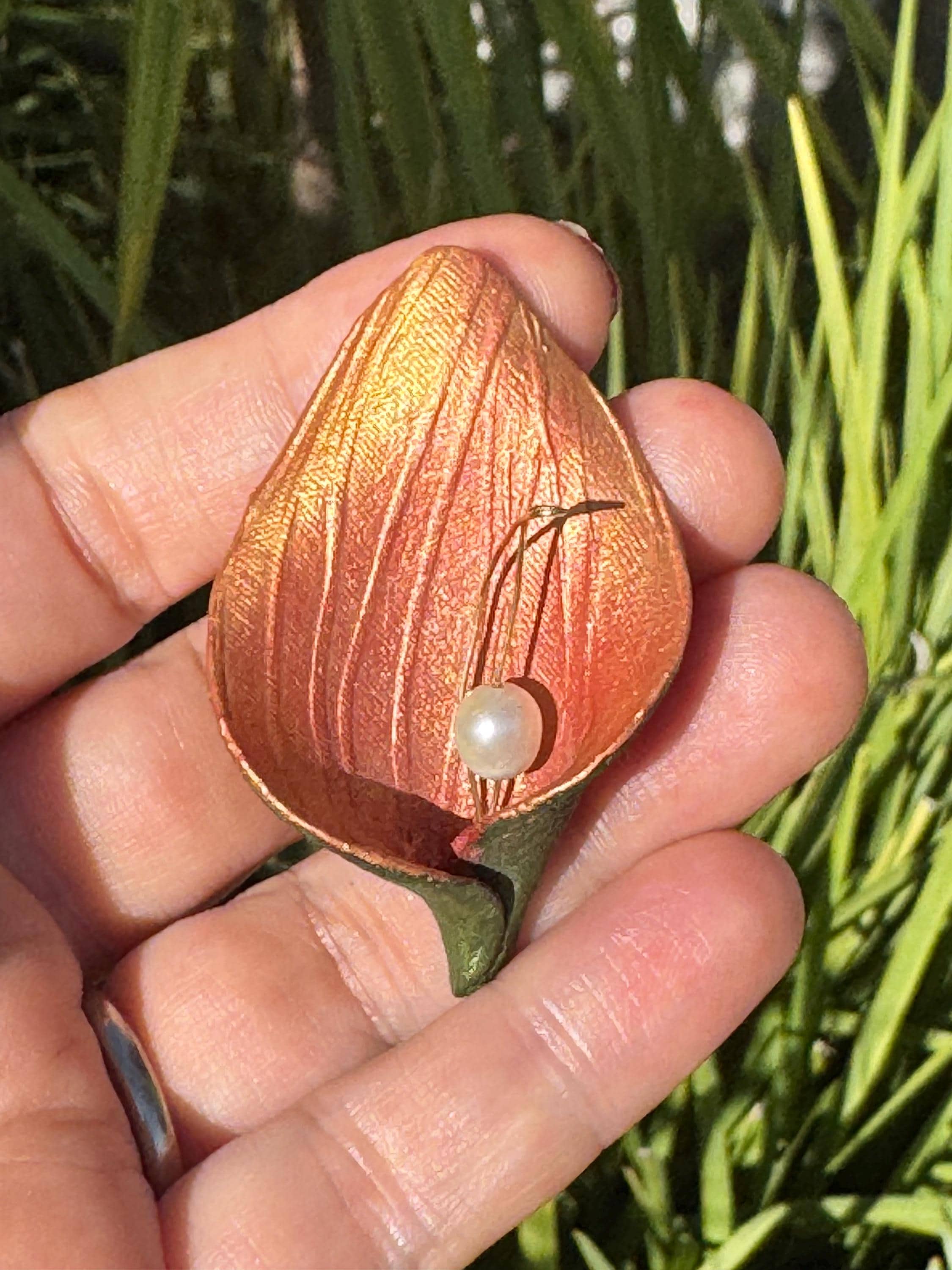 Vintage Calla Lily Enamel Brooch with Pearl and 14K Gold Accent Unique and Unusual