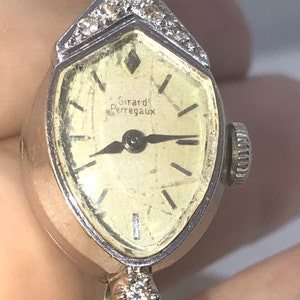 Antique vintage Girard Perregaux Designer 14 karat white gold ladies wristwatch six genuine diamonds 14k kt Art Deco runs well
