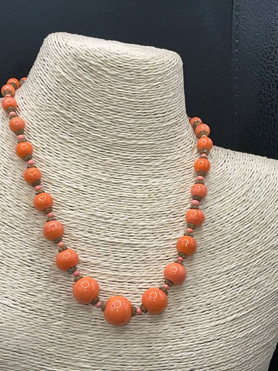 Antique coral colored lampwork glass beaded neckl… - image 1