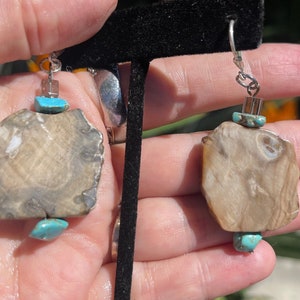 Vintage Petrified Wood & Turquoise Gemstone Earrings Big Fossilized Wood Statement Jewelry Sterling Silver 925 Latch Back Heavy