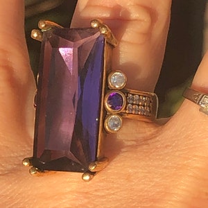 Antique Art Deco Huge Amethyst Art Glass Ring Sterling Silver & Gold with Purple and Clear CZ’s/Rhinestones Size 7