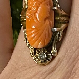 Anillo antiguo victoriano con camafeo de coral tallado - Diamantes auténticos talla rosa - Oro amarillo macizo de 10 quilates, talla 5 imagen 10