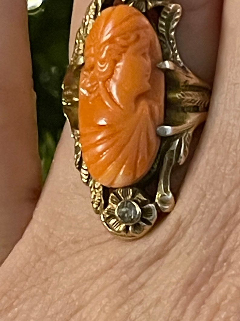 Anillo antiguo victoriano con camafeo de coral tallado - Diamantes auténticos talla rosa - Oro amarillo macizo de 10 quilates, talla 5 imagen 10
