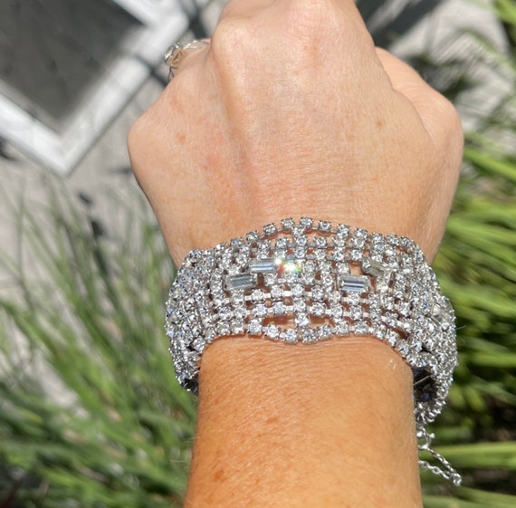 Beautiful Antique Wide Rhinestone Bracelet Art Deco Safety  display picture 3