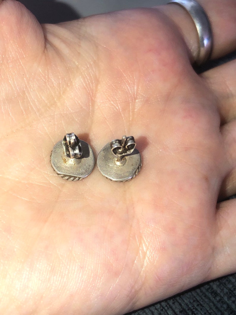 Vintage Zuni earrings inlaid MOP red coral turquoise Black onyx Native American Indian Southwestern Sterling silver 925 studs