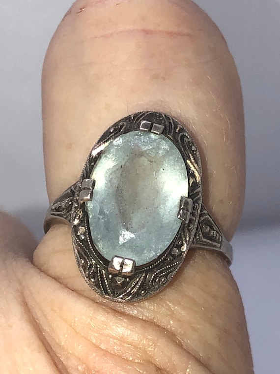 Antique Victorian Art Deco Silver & Aquamarine Ri… - image 1