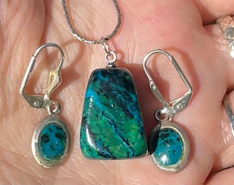 Vintage Chrysocolla Earrings & Pendant / Necklace Set  Sterling Silver 925