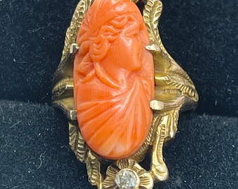 Victorian Antique Carved Coral Cameo Ring - Genuine Rose Cut Diamonds - 10kt karat Solid Yellow Gold size 5