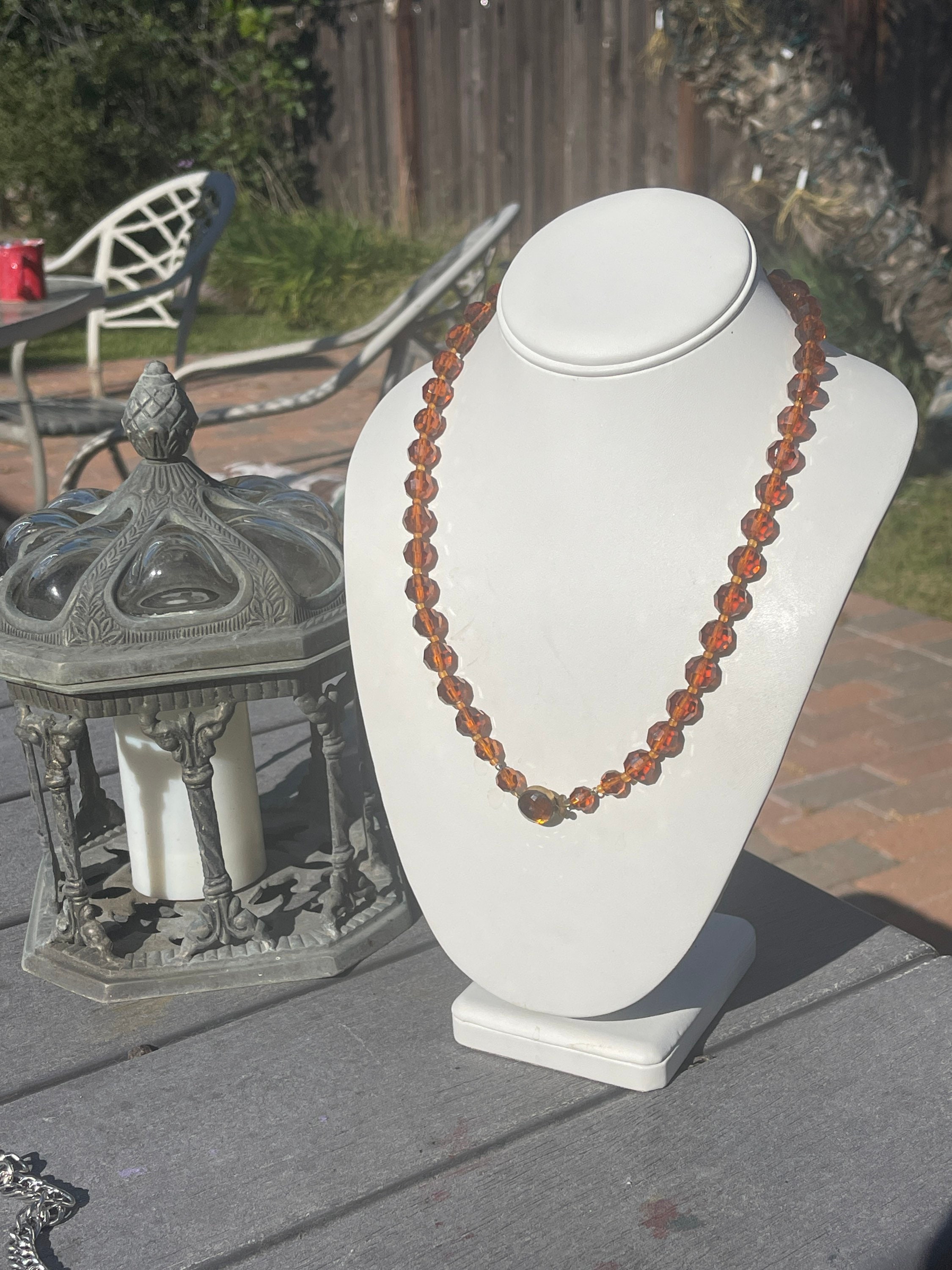 Collier Ancien Années 50 En Perles De Verre Ambre Mat - Bijou Vintage Charmant