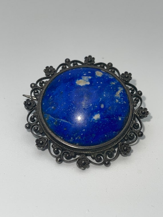 Big Antique Victorian 800 Silver Lapis Lazuli Gem… - image 3
