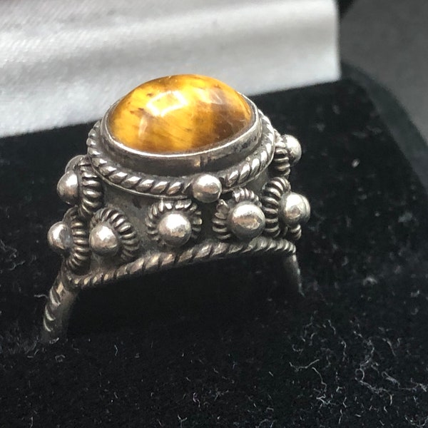 Gorgeous Antique Tiger's Eye Gemstone Sterling Silver Poison Snuff Ring Taxco Mexico RD Designer Rafael Dominguez PBE 925 Size 8