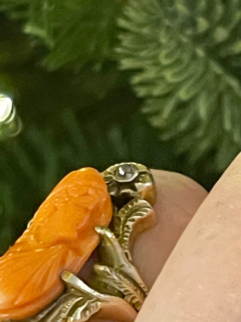 Anillo antiguo victoriano con camafeo de coral tallado - Diamantes auténticos talla rosa - Oro amarillo macizo de 10 quilates, talla 5 imagen 3