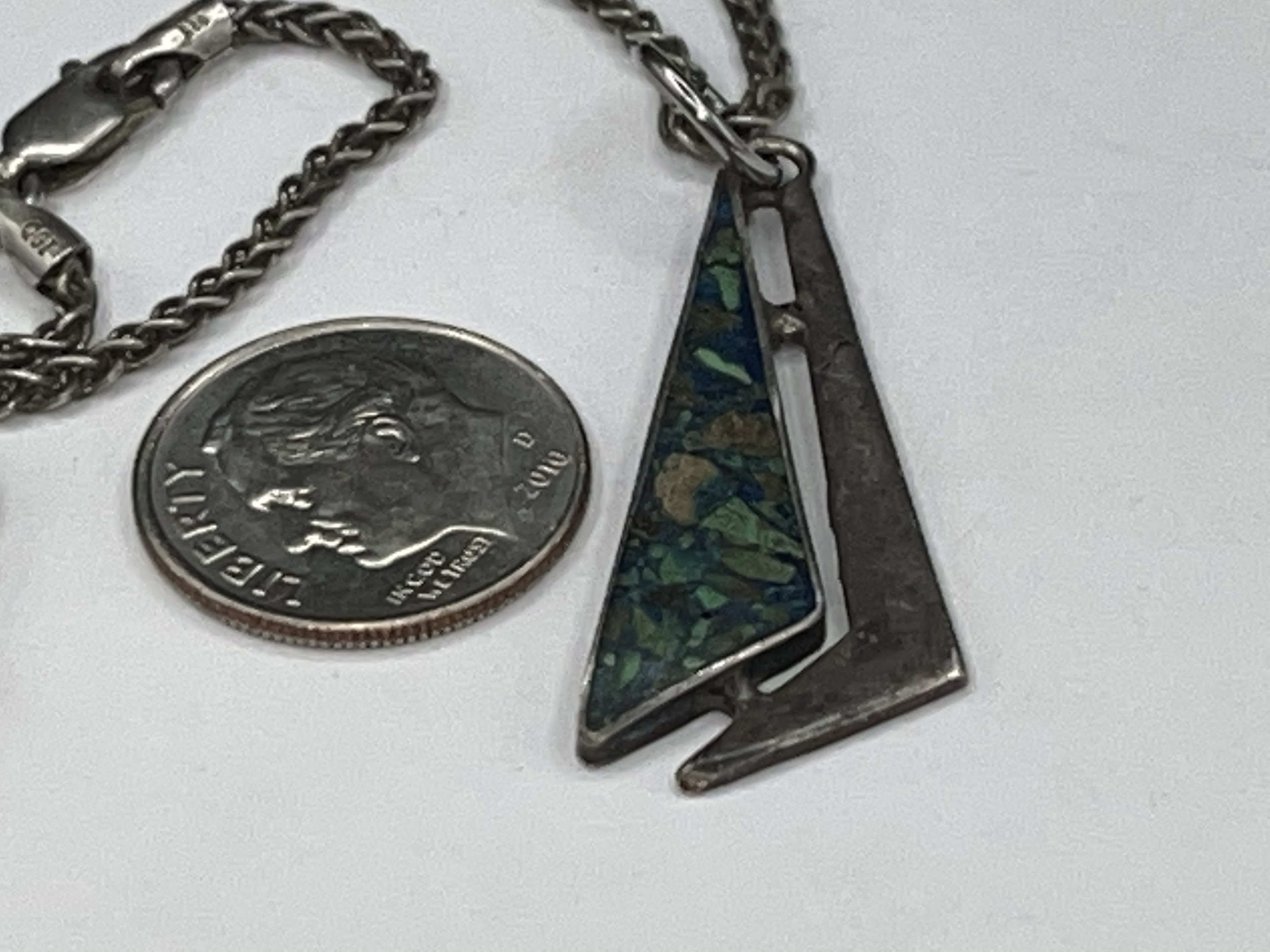 Collier Long Vintage En Argent 925 & Turquoise Taxco Mexico - Longueur 17.5" (44.5 Cm) - Occasion