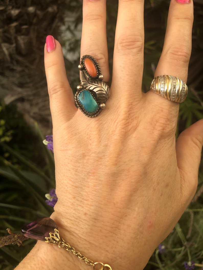Gorgeous Native American Indian turquoise and red coral gemstone ring sterling silver size 5 Southwestern