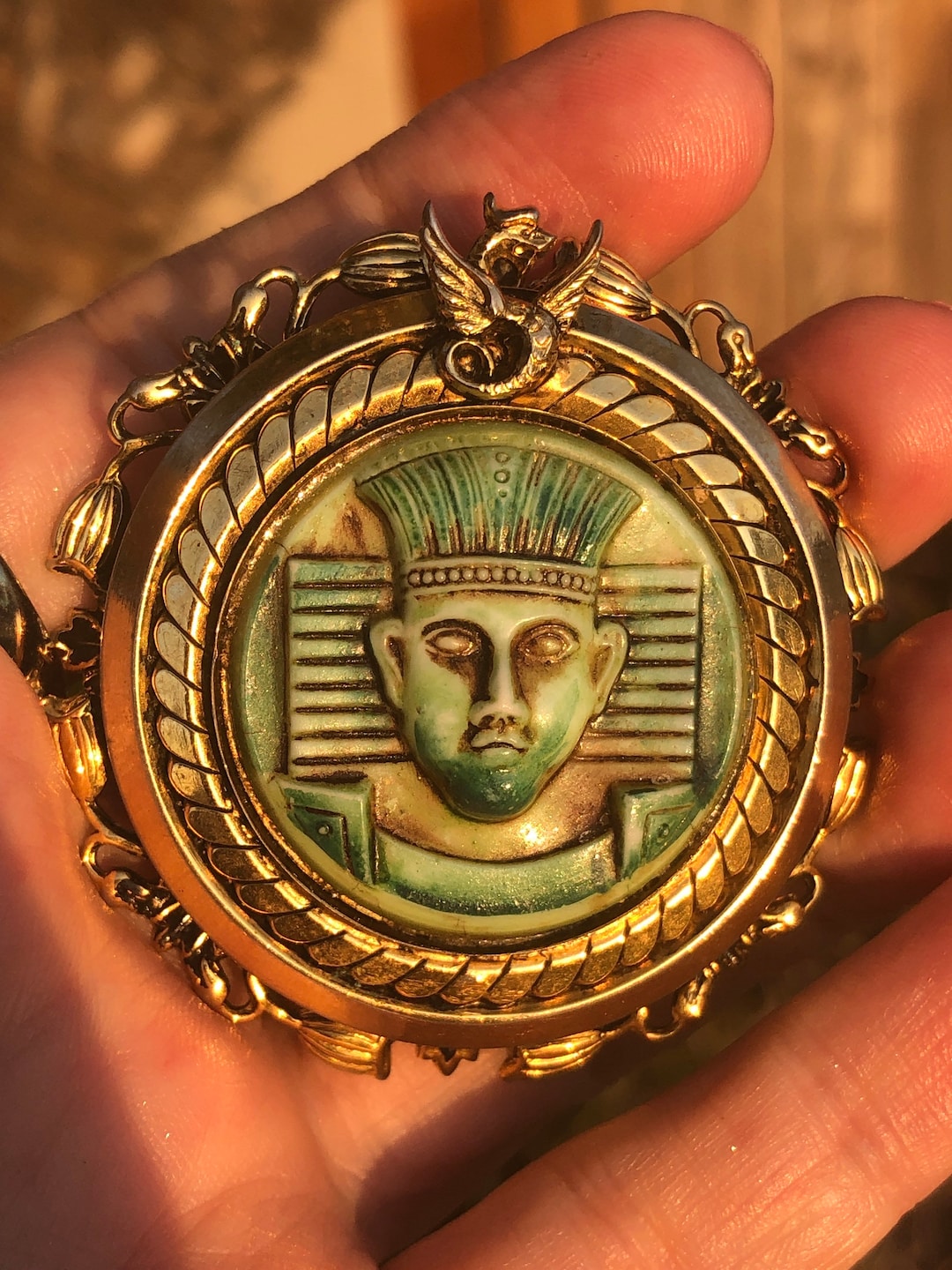 Antique Egyptian Revival Gold Filled Brooch Czechoslovakian Glass