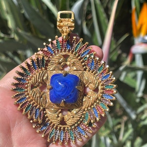 Vintage Castlecliff Designer Larry VRBA Huge Aztec  - Indian Pendant Gold Tone Rare Art Glass Centerpiece Necklace w 12kt gf Chain Couture