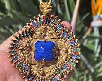 Vintage Castlecliff Designer Larry VRBA Huge Aztec  - Indian Pendant Gold Tone Rare Art Glass Centerpiece Necklace w 12kt gf Chain Couture