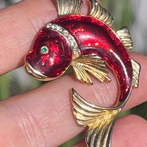 Vintage Red Enamel Koi Fish Yellow Hold Brooch Green Eyes
