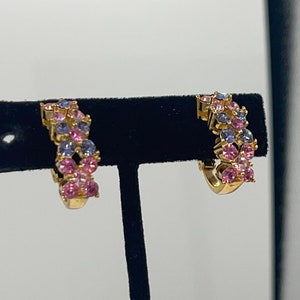 Vintage Designer Joan Rivers Pink & Purple Crystals Clip On Earrings Costume