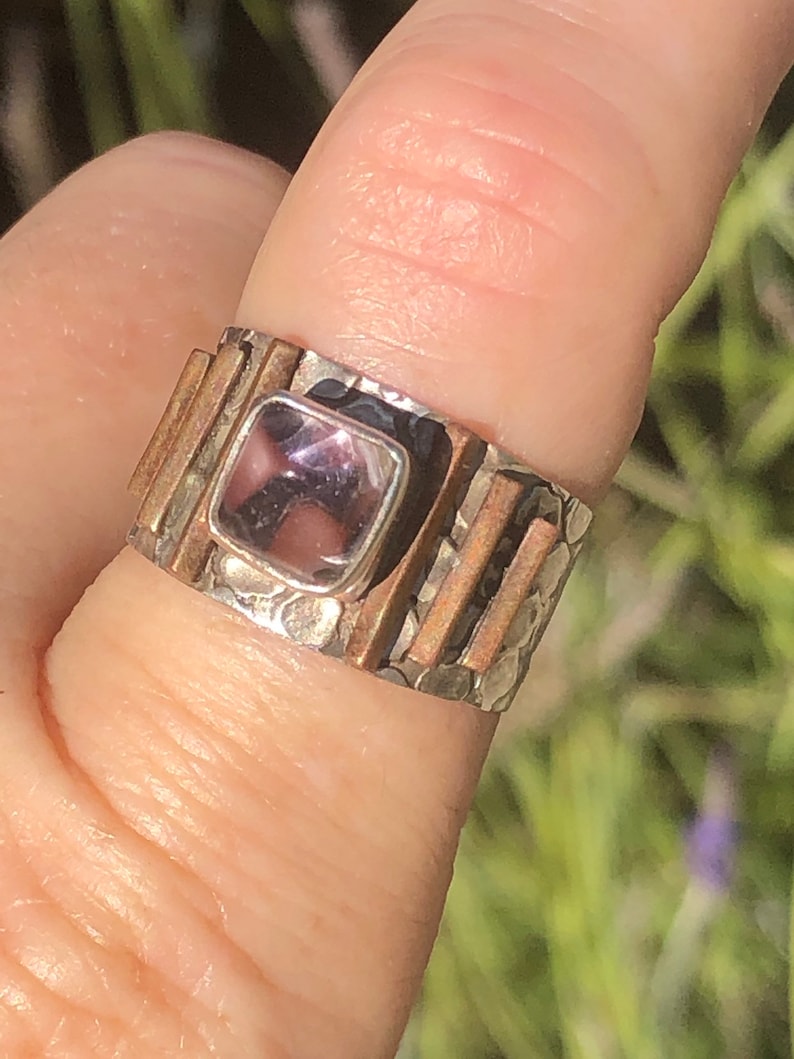 Vintage amethyst sterling silver copper ring abstract modernist pyramid gemstone unusual size 8