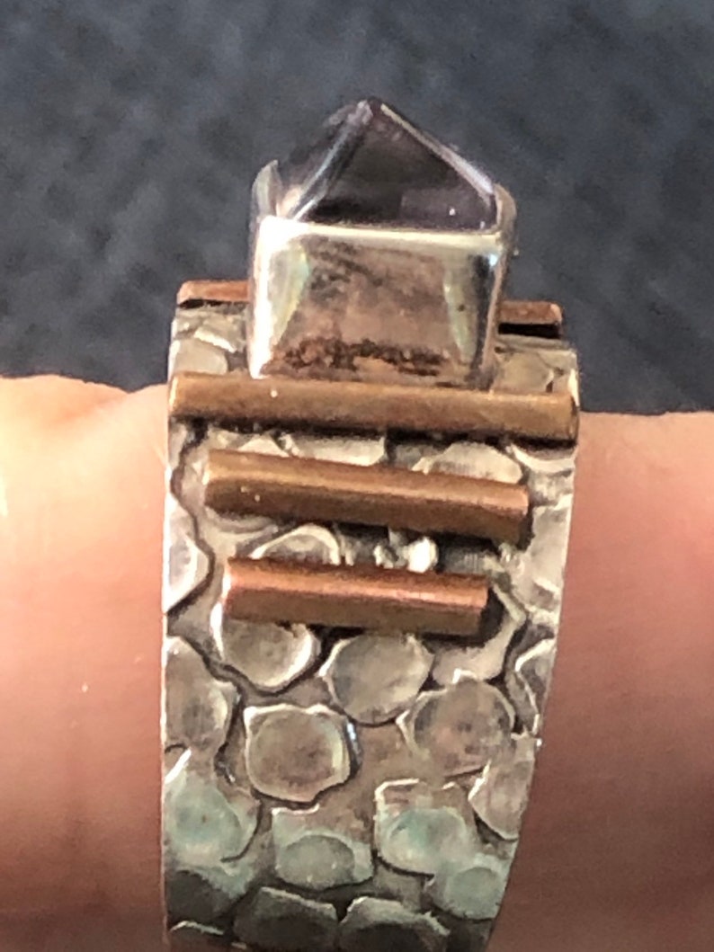 Vintage amethyst sterling silver copper ring abstract modernist pyramid gemstone unusual size 8