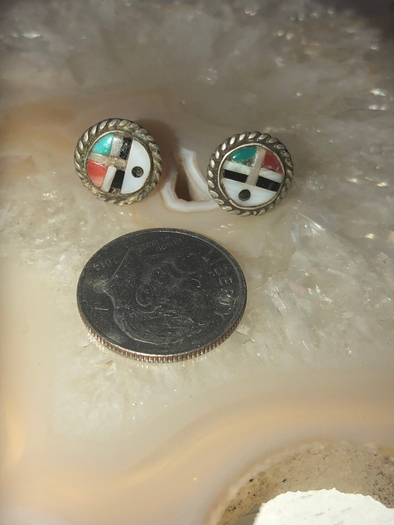 Vintage Zuni earrings inlaid MOP red coral turquoise Black onyx Native American Indian Southwestern Sterling silver 925 studs