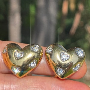 Vintage Designer Nolan Miller Gold Tone Puffy Heart & Crystal Earrings Clip On Style Cocktail- Costume