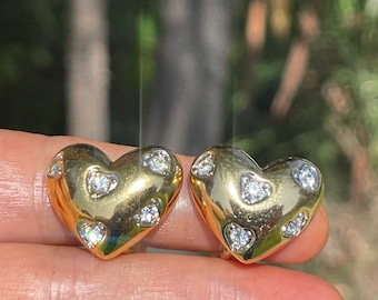 Vintage Designer Nolan Miller Gold Tone Puffy Heart & Crystal Earrings Clip On Style Cocktail- Costume