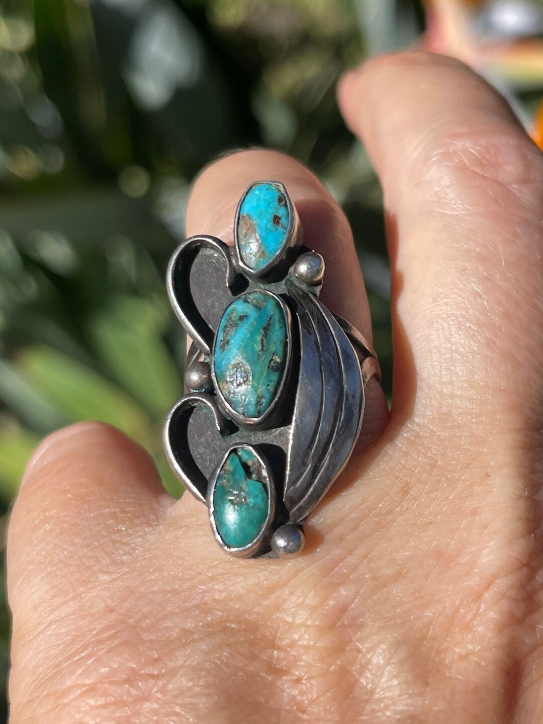 Vintage Native American Sterling Silver Turquoise Gemstone Ring Tall ...