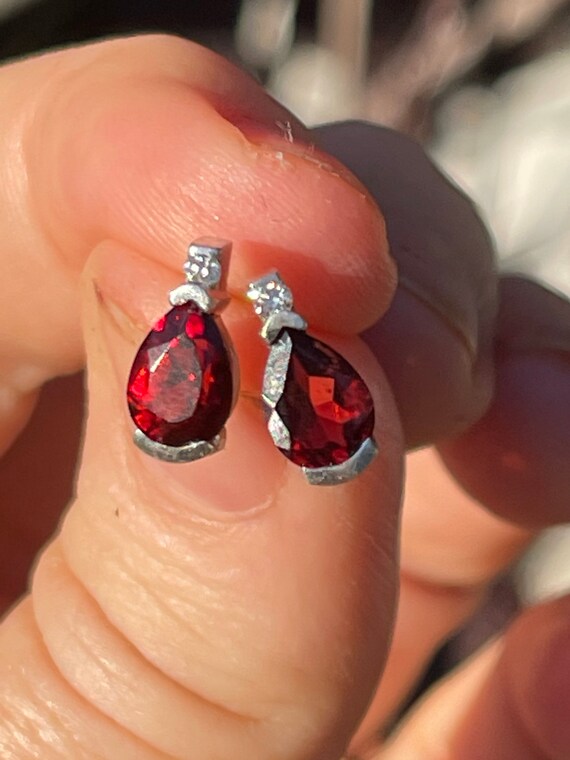 Vintage Garnet/ Diamond Gemstone Stud Earrings  S… - image 9