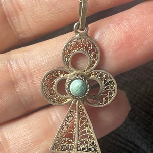 Vintage- Antik Ankh Anhänger Filigran Sterling Silber Türkis Edelstein Halskette Kette 925 Ägyptisch / Boho Alt