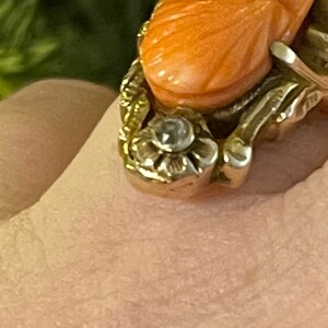Anillo antiguo victoriano con camafeo de coral tallado - Diamantes auténticos talla rosa - Oro amarillo macizo de 10 quilates, talla 5 imagen 6