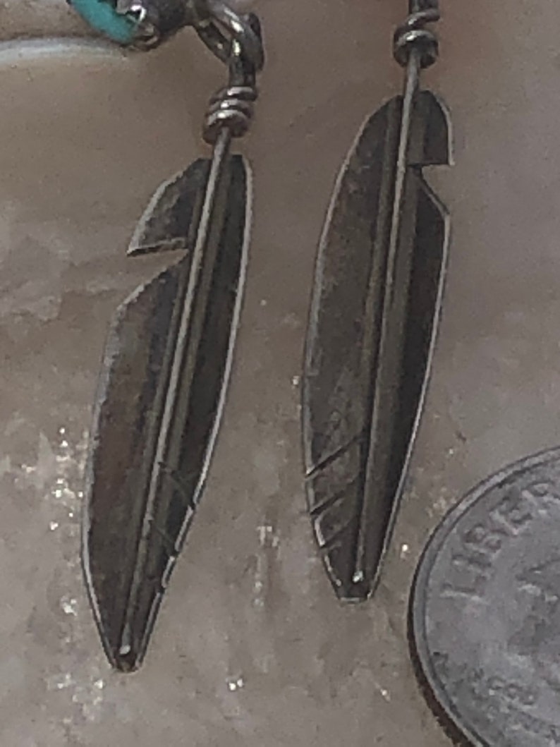 Vintage Native American Indian sterling silver turquoise feather earrings dangling southwestern super cute free shipping!