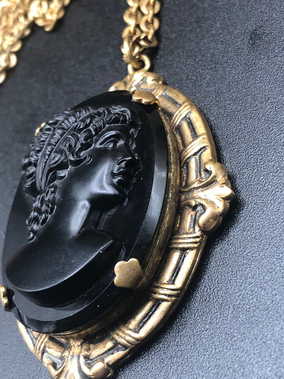 antique art deco black molded glass cameo lady  g… - image 3