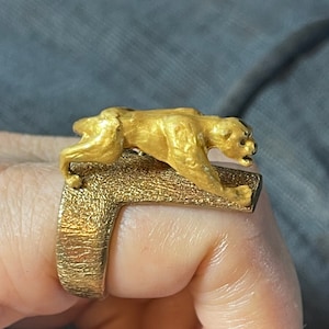 Vintage Panther/ Tiger Big Statement Ring Gold Tone & Sterling Silver 925 size 10 Handmade Piece