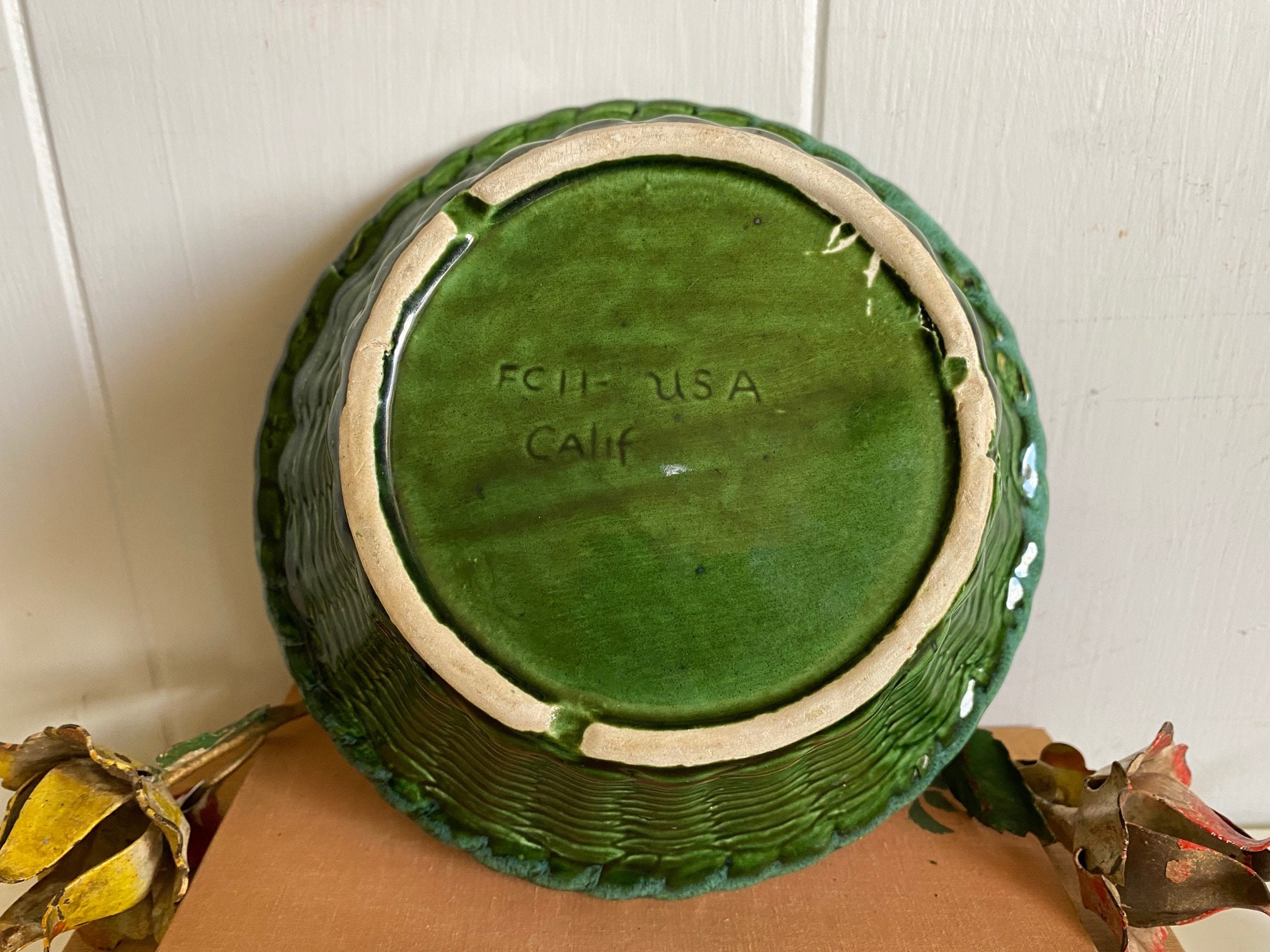 Vintage USA California Round Pottery Dish Green Decorative Etsy