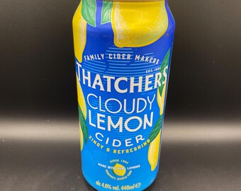 Upcycled Thatchers Lemon Cider Can Candle: Handcut Soy Wax, Lemon Scent
