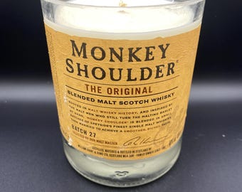 Upcycled Monkey Shoulder Whiskey Bottle Candle: Handcut Soy Wax. Whiskey scent.