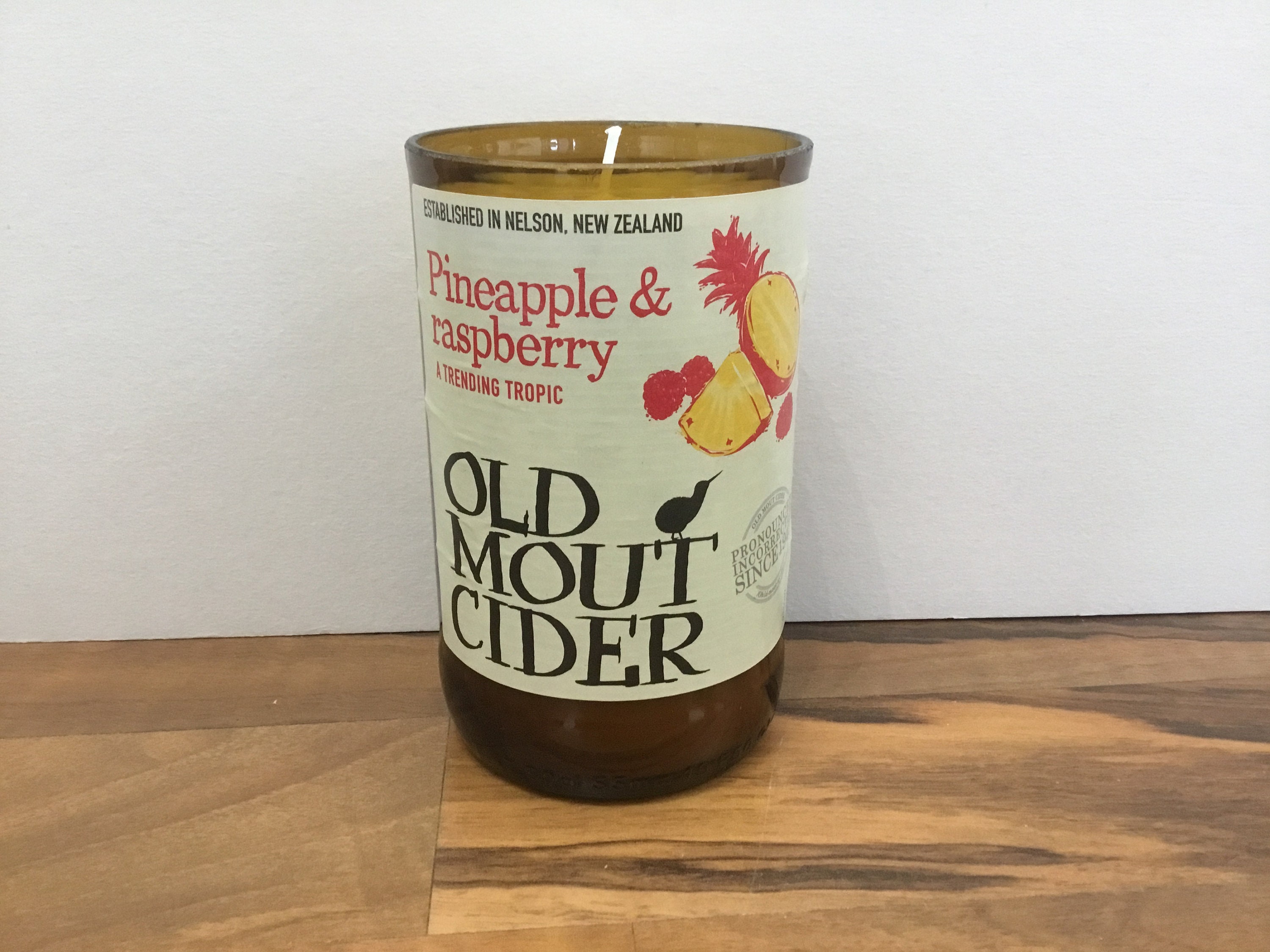 Upcycled Old Mout Cider Bottle that is handcut and crafted