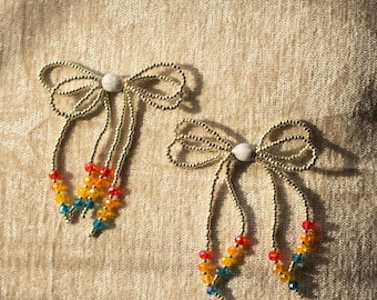 Native Made Beaded Bow Earrings - Silver & Cherokee Corn Beads