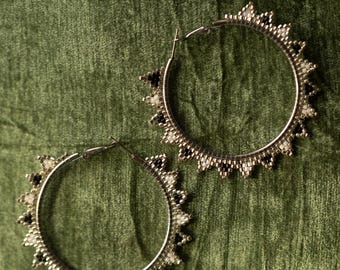 Native Made Silver Beaded Hoop Earrings - 2” Stainless Steel Hoops
