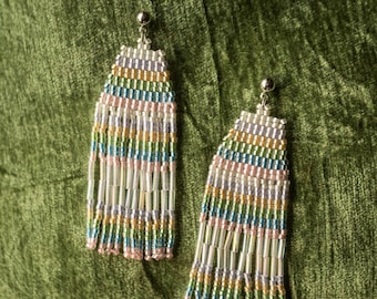 Native Made Pastel Beaded Fringe Earrings – Silver Stainless Steel Posts