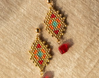 Native Made Peyote Stitch Earrings – Gold Miyuki Delica Beads with Red Glass