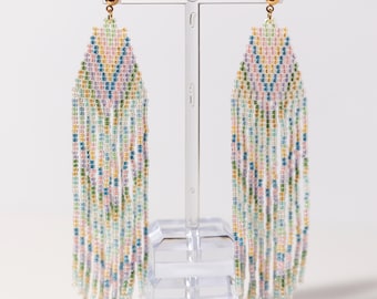 Native Made 4.75" Pastel Beaded Fringe Earrings – Gold Stainless Steel Posts