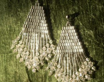 Native Made Silver Beaded Fringe Earrings - Tube Beads & Transparent Glass with Stainless Steel Posts