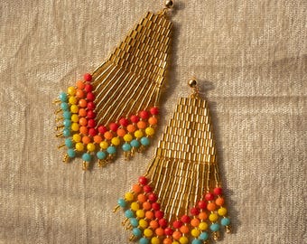 Native Made Gold & Fire Color Fringe Earrings – 4" Traditional Glass Beadwork