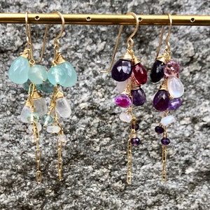 Graduated Cluster Earrings with Rainbow Moonstone, Chalcedony and Fluorite colored Quartz or Amethyst, Rainbow Moonstone or Pink Chalcedony image 1