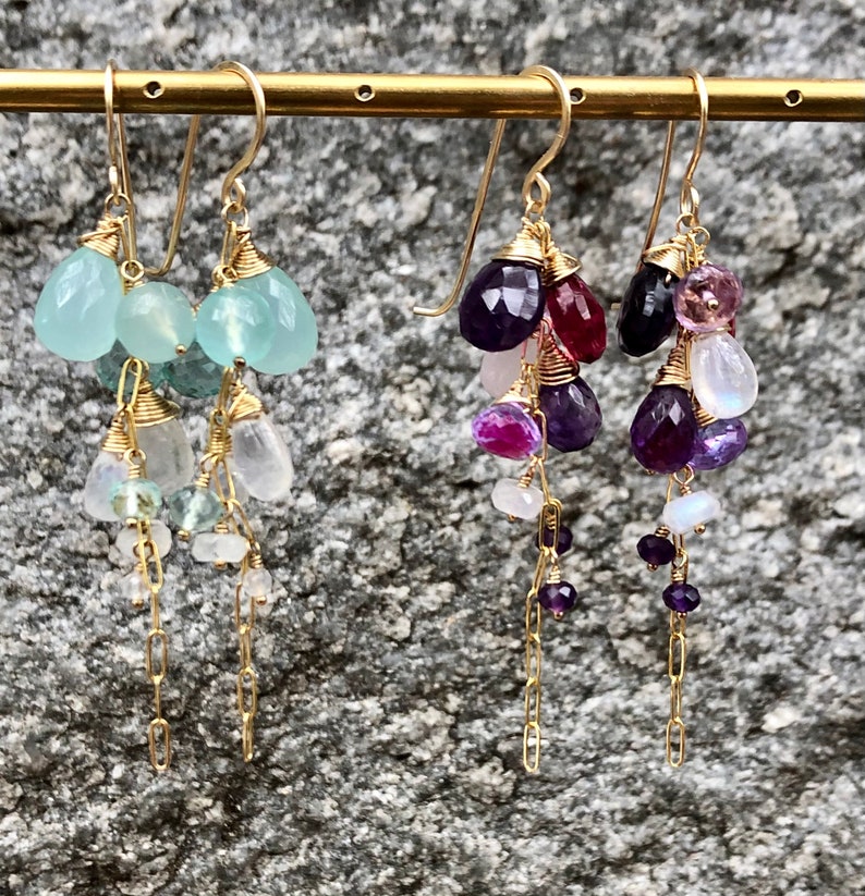 Graduated Cluster Earrings with Rainbow Moonstone, Chalcedony and Fluorite colored Quartz or Amethyst, Rainbow Moonstone or Pink Chalcedony image 1