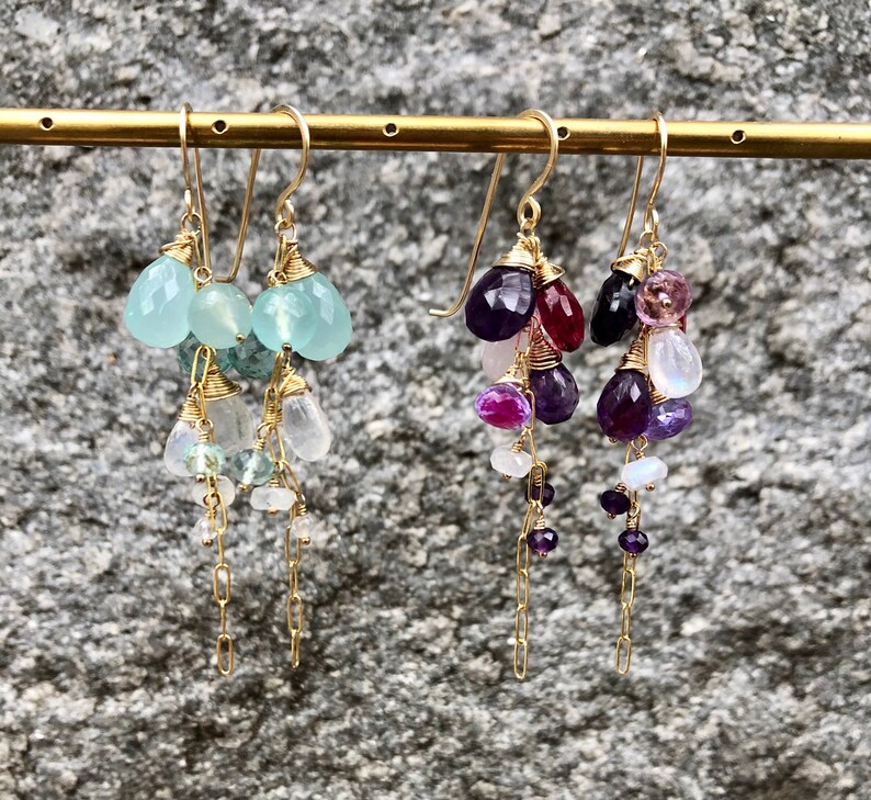 Graduated Cluster Earrings with Rainbow Moonstone, Chalcedony and Fluorite colored Quartz or Amethyst, Rainbow Moonstone or Pink Chalcedony image 6